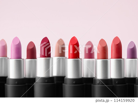 Set of various lipstick in a row front view 114159920