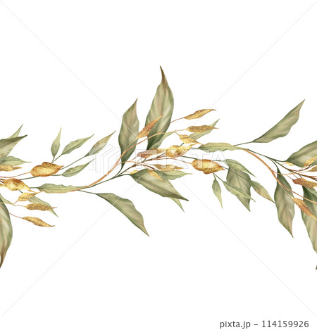 Green and gold leaves frame or border, for wedding stationary, greetings, seamless horizontal background. 114159926