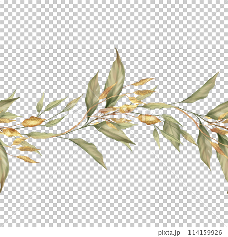 Green and gold leaves frame or border, for wedding stationary, greetings, seamless horizontal background. 114159926