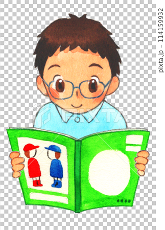 Reading week illustration: Boy reading a book, watercolor hand-drawn Reading week illustration: Boy reading a book, watercolor hand-drawn 114159932