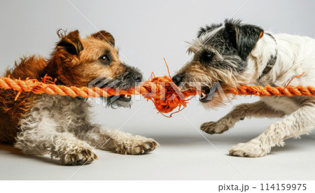 Wire hair fox terrier and Lakeland terrier play with orange rope Wire hair fox terrier and Lakeland terrier play with orange rope 114159975