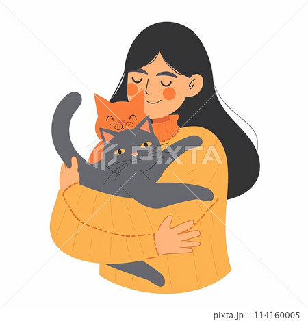 A woman with two cats in her arms, in a cartoon drawing 114160005