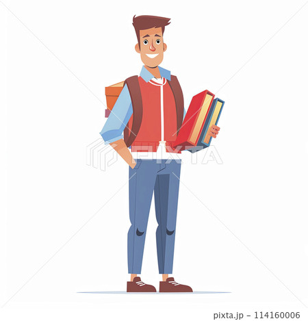A young man with a backpack gestures with an electric blue book sleeve 114160006