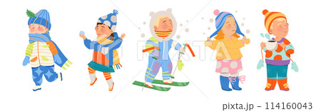 Cute Kid Character Doing Different Winter Activity Vector Set 114160043