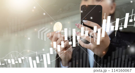 Businesswoman, investor, trade hold bitcoin convenient payment in global economy market. Virtual digital currency and financial investment trade concept. cryptocurrency 114160067