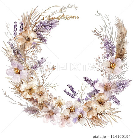 A flowery wreath with a gold frame border. The flowers are in various shades of pink and purple A flowery wreath with a gold frame border. The flowers are in various shades of pink and purple 114160194