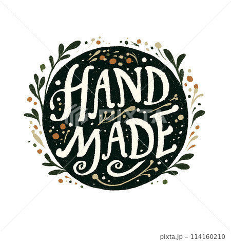 Handmade is a black and white logo with a white background. The logo is written in cursive style and has a flowing, artistic design. The logo conveys a sense of creativity and craftsmanship 114160210