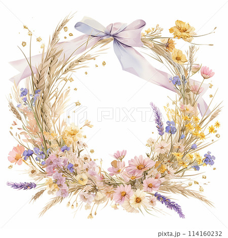 A flowery wreath with a gold frame border. The flowers are in various shades of pink and purple 114160232