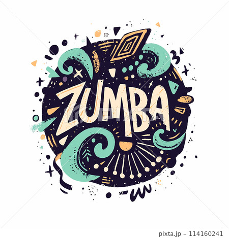 A colorful, abstract logo for Zumba. The logo is a circle with a swirl pattern and the word Zumba written in a bold, artistic font. The design conveys a sense of energy and movement 114160241