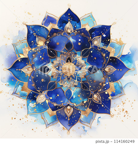 A blue and gold mandala flower with gold accents. The flower is a symbol of peace and love 114160249