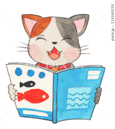 読書週間イラスト　本を読むネコ　水彩手描き 114160258