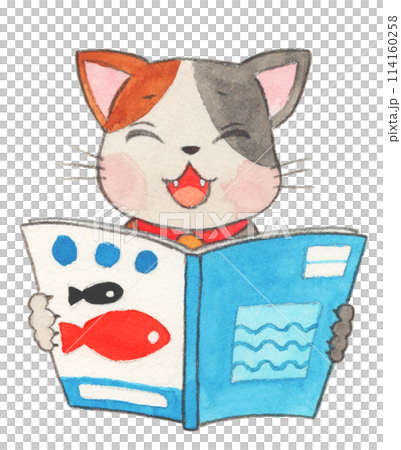 読書週間イラスト　本を読むネコ　水彩手描き 114160258