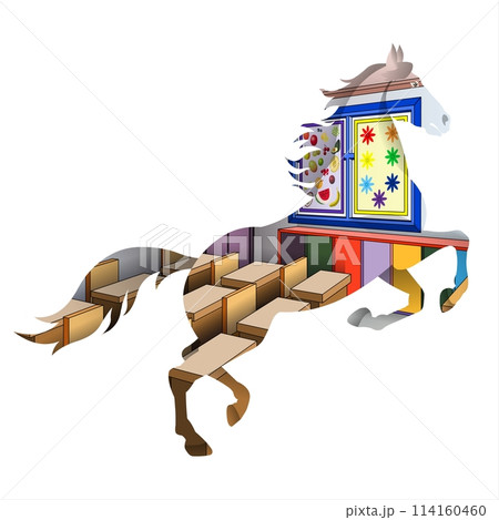Illustration of a horse with a house and boxes on a white background	 114160460