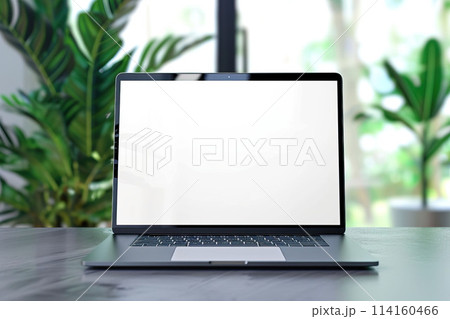 Laptop with blank screen on table in office.	AI-generated item 114160466