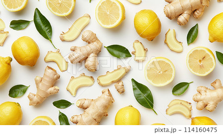 AI-generated item. Fresh ginger with leaves on white background, top view.	 114160475