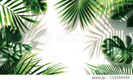 White background with tropical palm leaves.	AI-generated item 114160489