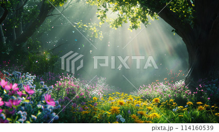 Panoramic view of summer forest with wildflowers. AI-generated item	 114160539