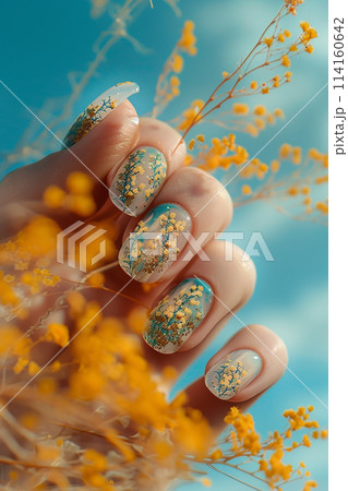 A hand holding a bunch of yellow flowers with well-manicured fingernails. A hand holding a bunch of yellow flowers with well-manicured fingernails. 114160642