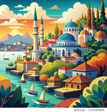 Istanbul A painting of a city with a large blue dome on top of a building Istanbul A painting of a city with a large blue dome on top of a building 114160664