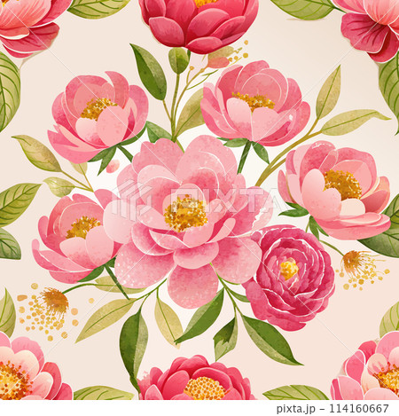 A watercolor seamless pattern of a bouquet of pink flowers with a gold leaf. The flowers are arranged in a vase and the leaves are green. 114160667