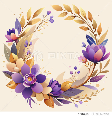 A flowery wreath with purple and yellow flowers. The flowers are arranged in a circle and are of various sizes. The wreath is very colorful and lively, giving off a cheerful and happy vibe 114160668