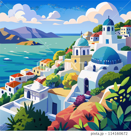Greece A painting of a town with a blue dome on top of a building Greece A painting of a town with a blue dome on top of a building 114160672