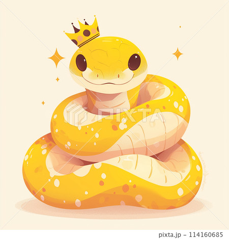 2025 A cartoon snake with a crown on its head. The snake is yellow and has a happy expression 114160685