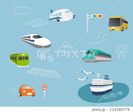 丸みを帯びたかわいい日本の乗り物セット 丸みを帯びたかわいい日本の乗り物セット 114160778