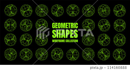Wireframe lined shapes. Perspective mesh, 3d grid. Low poly geometric elements. Retro futuristic design elements, y2k, vaporwave and synthwave style. Vector illustration 114160888
