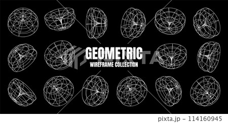 Wireframe lined shapes. Perspective mesh, 3d grid. Low poly geometric elements. Retro futuristic design elements, y2k, vaporwave and synthwave style. Vector illustration 114160945