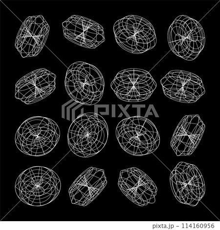 Wireframe lined shapes. Perspective mesh, 3d grid. Low poly geometric elements. Retro futuristic design elements, y2k, vaporwave and synthwave style. Vector illustration 114160956