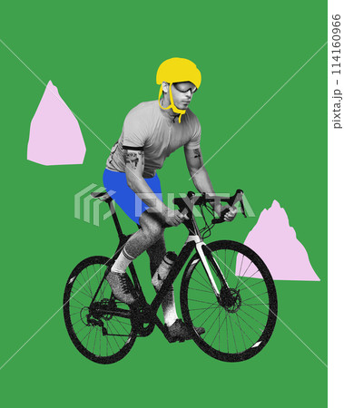 Sportive man, cyclist in helmet, riding bike against green background. Contemporary art collage. 114160966