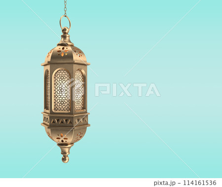 Ramadan Kareem Moroccan brass lantern lamp on blue background 114161536