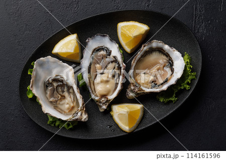 Fresh oysters with lemon on plate Fresh oysters with lemon on plate 114161596