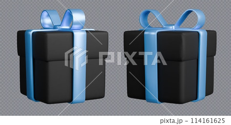Gift boxes with ribbons, realistic 3d black boxes with blue bows. Surprise gift isolated on grey background. Gift boxes with ribbons, realistic 3d black boxes with blue bows. Surprise gift isolated on grey background. 114161625
