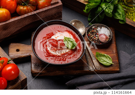 Refreshing homemade tomato gazpacho soup 114161664