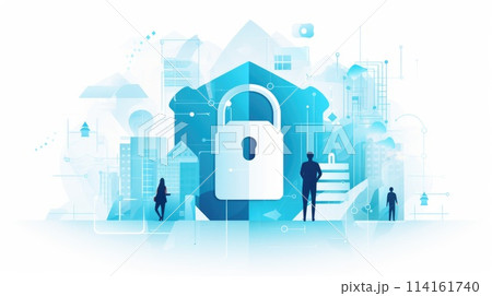 Cybersecurity defense cartoon illustration - Generative AI. Padlock, people, building, blue. 114161740