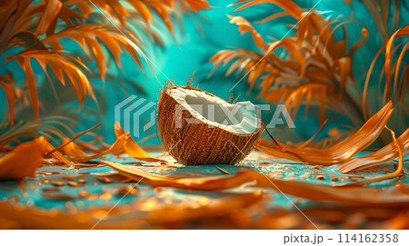 Open Coconut On Tropical Beach With Vibrant Orange Palms. Exotic Refreshment. Digital Illustration 114162358