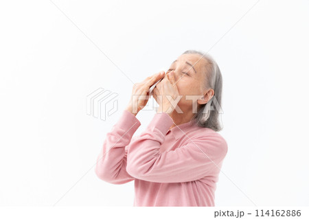 鼻をかむシニア女性　アレルギー 114162886