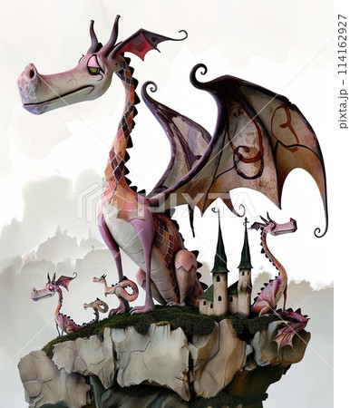 majestic dragon mother with three baby dragons perched atop a rock, overlooking the vast landscape below with an ancient castle. 114162927