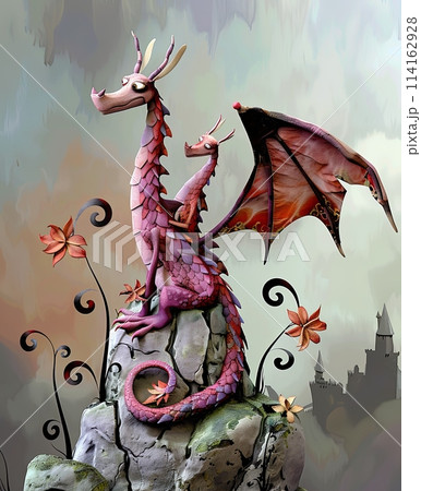 majestic dragon mother with three baby dragons perched atop a rock, overlooking the vast landscape below with an ancient castle. 114162928