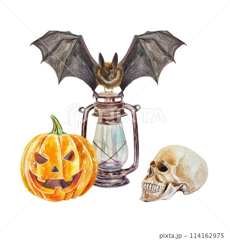 Bat, pumpkin, lamp, human skull. Hand drawn watercolor illustration isolated on white background. For Halloween cards, invitations, banners, posters. 114162975