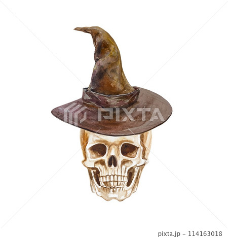 Human skull in a hat. Watercolor illustration on white background. Halloween and Day of the Dead cards, invitations, banners, flyers, covers, posters. 114163018