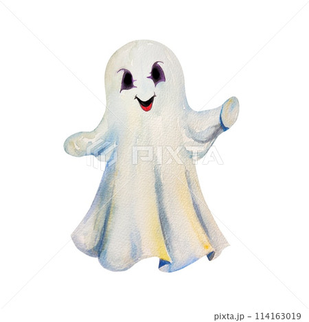 Halloween ghost, in a white sheet. Hand drawn watercolor illustration isolated on white background. For cards, invitations, banners, flyers, covers. Halloween ghost, in a white sheet. Hand drawn watercolor illustration isolated on white background. For cards, invitations, banners, flyers, covers. 114163019