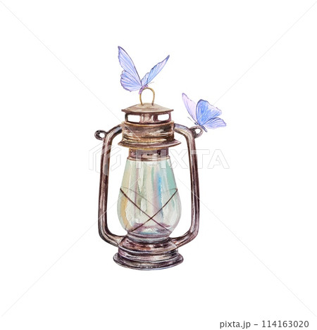 Lamp, antique with blue moths. Hand drawn watercolor illustration isolated on white background. Cards, invitations, banners, flyers, covers, posters. 114163020