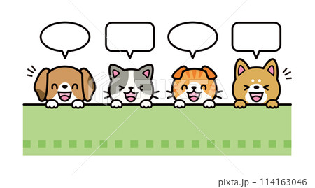 吹き出しと顔を出して笑っている犬と猫のイラストセット 114163046