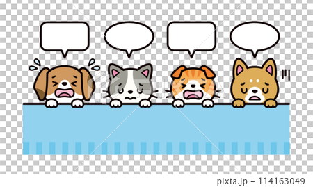 吹き出しと顔を出して泣いている犬と猫のイラストセット 114163049