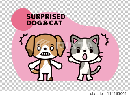 ビックリする犬と猫のポップなキャラクターイラスト 114163061