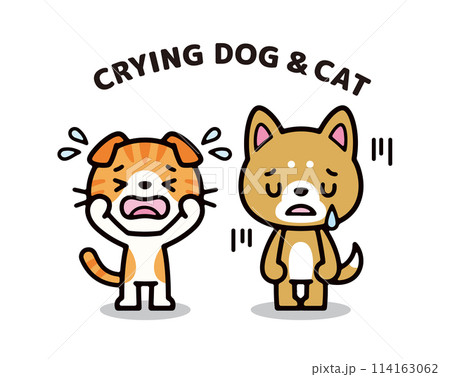 悲しむ犬と猫のシンプルで可愛いキャラクターイラスト 114163062