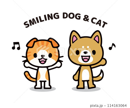 笑顔の犬と猫のシンプルで可愛いキャラクターイラスト 114163064